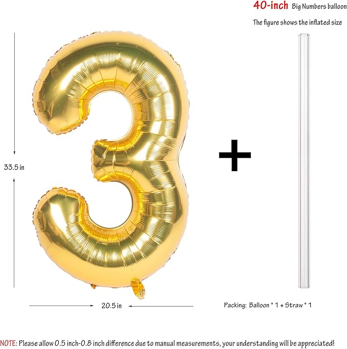 40 Inch Large Gold Number Balloons 3 Aluminum Foil Mylar Big Number Balloons 0-9 Suitable for Gold Birthday Parties, Weddings and Anniversary Photography