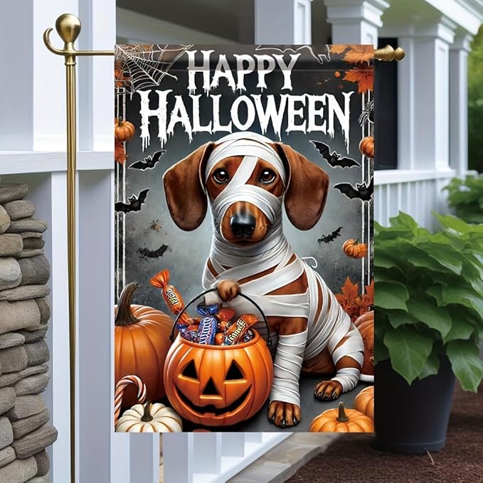 Halloween Garden Flag Dachshund Dog Mummy Pumpkin 12x18 Inch Double SidedOutdoor Yard Banner Trick or Treat Haunted House Spooky Cute Holiday Small Garden DecorationDecor