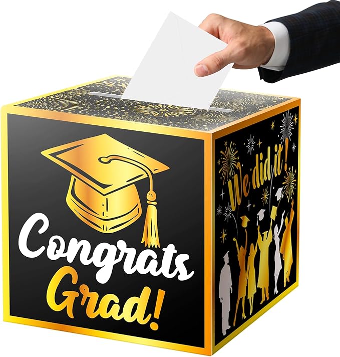 JWSCYSY Graduation Card Box Holder, Congrats Grad Foldable Cardboard Decorations Box for Graduation Party Favors Decor Party Supplies (Black Gold)