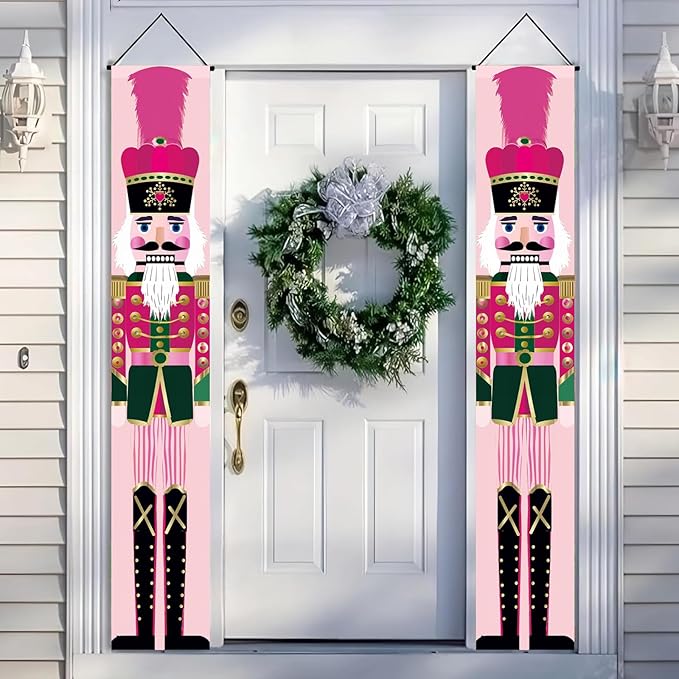 Christmas Nutcracker Door Banner 71x12 inch Pink Christmas Hanging Porch Banner Holiday Soldier Wall Decoration for Xmas Front Door Banners Outdoor Fireplace Entryway Party Home Decor