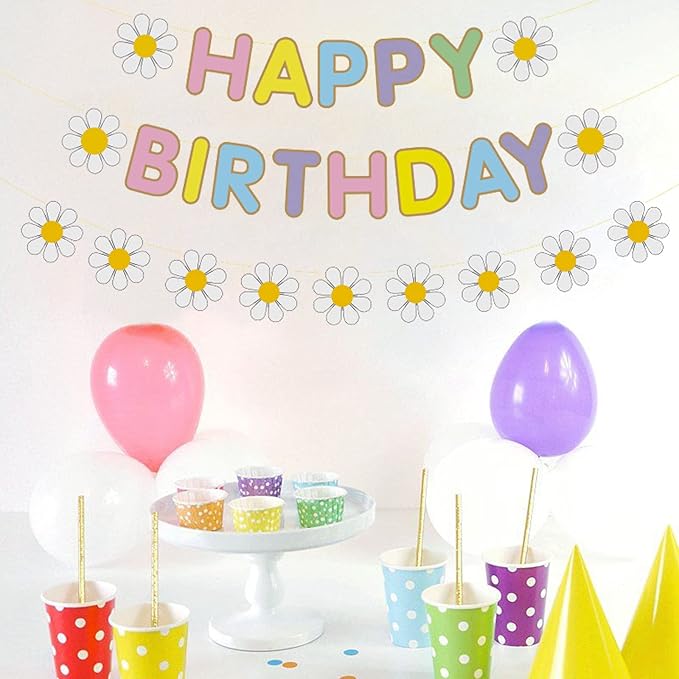 Zwiebeco Macaron Daisy Flower Happy Birthday Party Decoration Sign Banner Bunting Garland Hanging Paper Kit for Kids Adults Groovy Hippie Theme Accessories Supplies