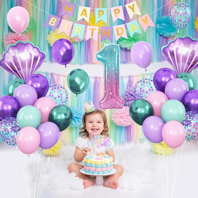 1st Mermaid Birthday Decorations for Girls,First Party Decorations Metallic Purple Green Pink Blue Latex Balloons Number 1 Seashell Foil Balloons Banner Cake Topper Sea Party Decor