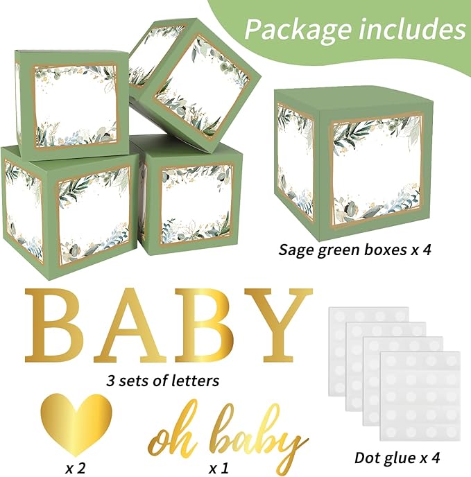 RUBFAC Sage Green Baby Boxes with Letters for Baby Shower, 4pcs Safari Baby Shower Decorations for Boy Girl Balloon Boxes Gender Reveal Birthday Party Favors
