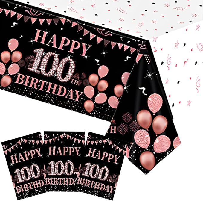 3 PCS Happy 100th Birthday Tablecloth for Women Black and Rose Gold Theme Decorations Plastic Disposable Table Decorations for Women Anniversary Celebration Party Supplies