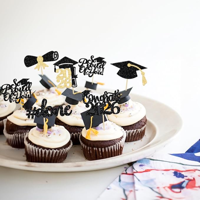 Gyufise 24Pcs Black Glitter 2026 Graduation Cupcake Toppers Glitter Congrats Class of 2026 Diploma Done Grad Cap Cupcake Picks So Proud of you Cake Decorations for 2026 Graduation Theme Party Supplies