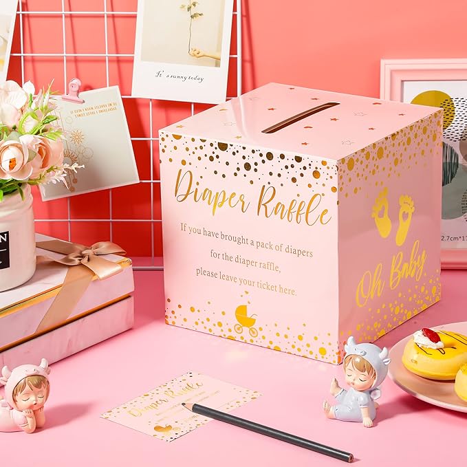 Funrous 51 Diaper Raffle Tickets with Box for Baby Shower Game Invitations Diaper Raffle Card for Gender Reveal Baby Shower Party Decoration Table Centerpiece(Rose Gold)