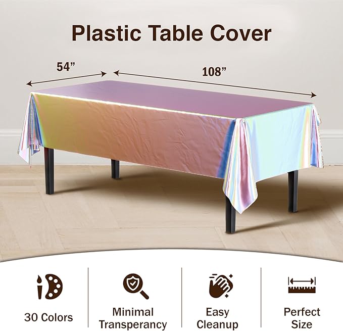 Exquisite 12-Pack Premium Plastic Tablecloth Pack of 12 - Premium Plastic Tablecloth 54 Inch x 108 Inch Rectangle Table Cover - Iridescent