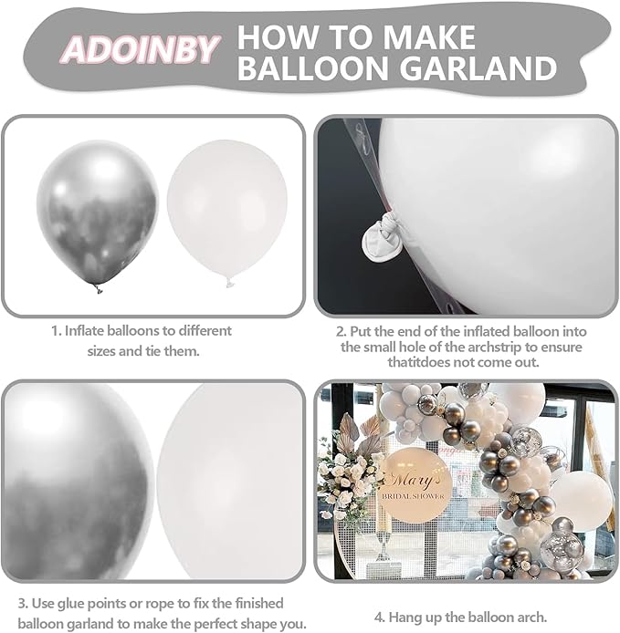 White and Silver Balloon Arch Kit, 140Pcs White Metallic Silver and Silver Confetti Party Balloon Garland Kit for Birthday, Wedding, Engagements, Baby Shower, Anniversary Party Decorations