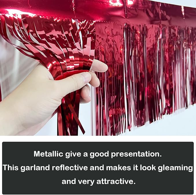 3 Pack Total 30 Feet Foil Fringe Garland Metallic Wall Hanging Drapes Tassel Skirting Tinsel Streamers Decorations for Parade Float Trailer Mardi Gras Party Birthday Wedding (Red)