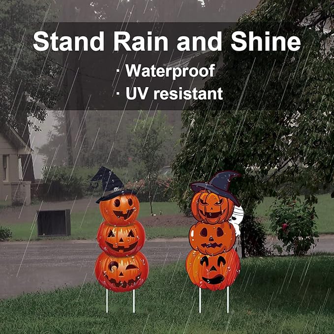 GameXcel 34" Tall Extra Large 3-Tiered Pumpkin Ghost Yard Signs for Outdoor Decorations, 2Pcs Vertical