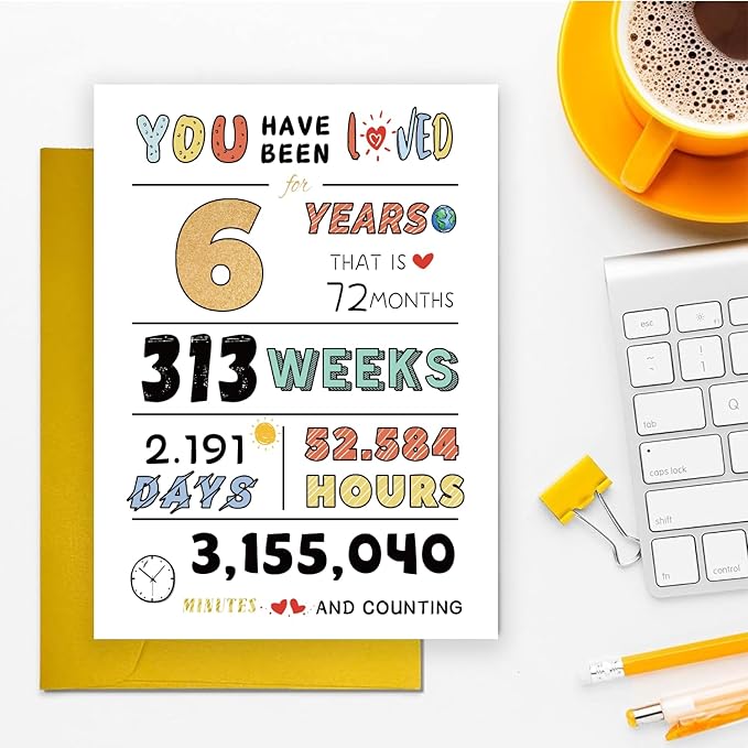 Cute 6th Birthday Card for Girls Boys, Ideal 6th Birthday Gift from Mom Dad, Six Years Old Birthday Card Gift For Son Daughter Children, Unique 6th Birthday Decorations for Grandson Granddaughter