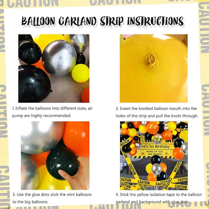 Quarantine Balloon Garland & Arch Kit, 74 Pack 12Inch 5Inch Black, Orange, Yellow, Silver Latex Balloons Strip Set with Caution Tape for Quarantine Birthday Party Decorations Construction