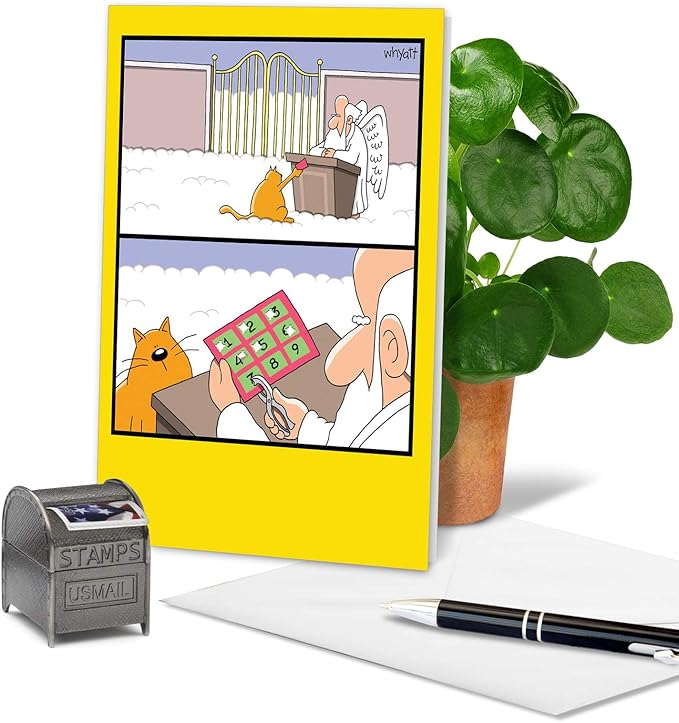 NobleWorks - 1 Hilarious Greeting Card for Birthday - Funny Birthday Cartoon, Comic Notecard - Nine Lives C4169BDG