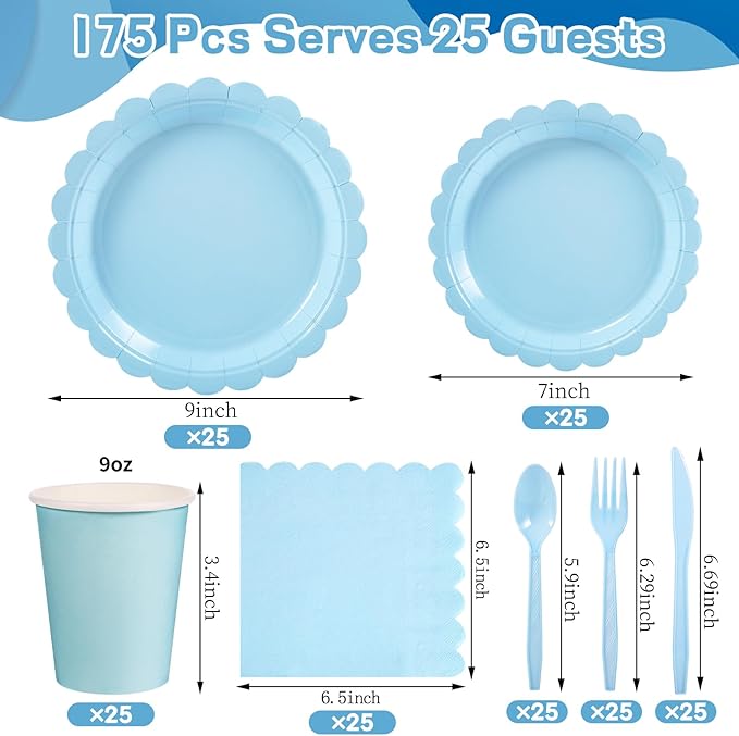 175 Pcs Light Blue Paper Plates and Napkins, Boy Baby Shower Decorations Include Light Blue Scalloped Plates Napkins Cups Plastic Spoons Forks Knives for Birthday, Bridal Shower, Wedding,