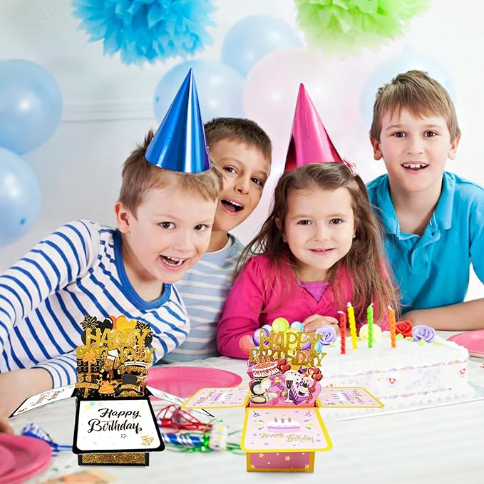 2 Pcs Sweet Happy Birthday Pop Up Card, Funny 3D Birthday Gift Box for Adults and Kids with Envelopes, Unique Handmade Foldable Celebration Cards for Daughter,Son,Mom,Dad,Husband,Friend (Black pink cake)
