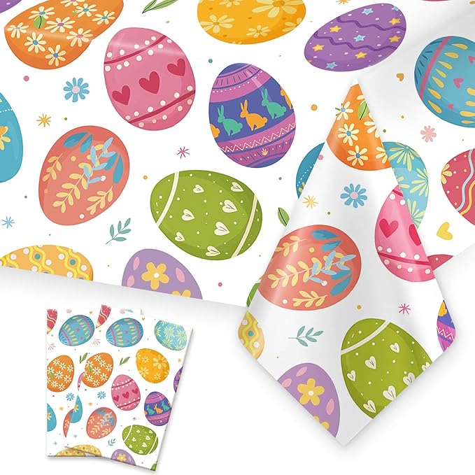 2 PCS Easter Tablecloths(54x108 Inch) Disposable Plastic Easter Eggs Tablecloth Spring Table Cloth Cover Holiday Party Favors Supplies Decorations Home Dinner Kitchen Table Decor Backdrop Photo Props