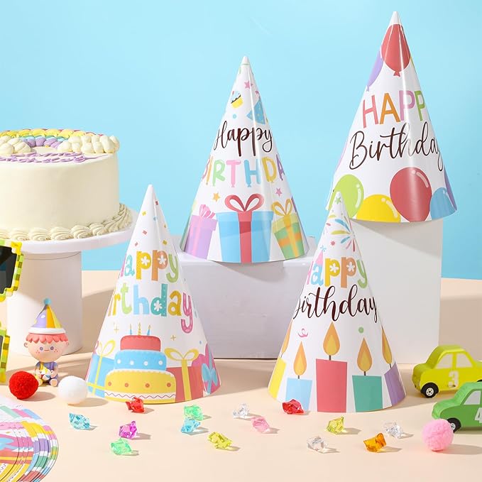 32Pcs Colorful Party Hats for Kids Happy Birthday Cone Paper Hats Classroom Celebration Supplies Favors