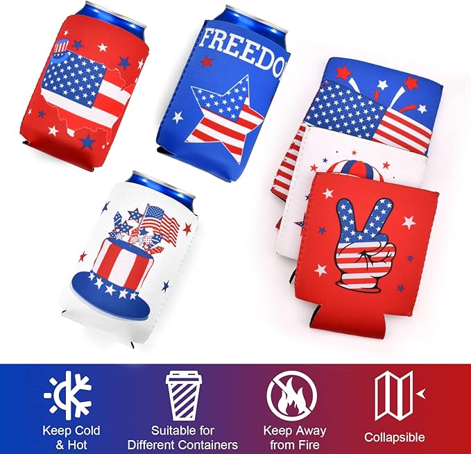 4th of July Decorations, 12 PCS Can Cooler Sleeves for Independence Day Accessories, Patriotic Party Favors, Collapsible Insulation Cover for Memorial Day Fourth of July Decorations Outdoor Indoor