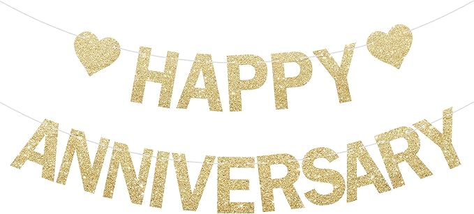 Happy Anniversary Glitter Banner - No DIY - Champagne Gold Happy Anniversary Decorations Banner for Romantic Wedding Birthday Party Decorations