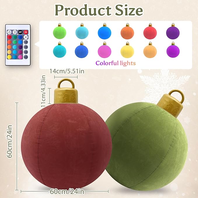 2 Pcs 24-Inch LED Velvet Inflatable Balls Christmas Decorations, Large Flocked PVC Decorations with 12 Colors & Remote, for Outdoor and Indoor Holiday Decor(Green, Brown)