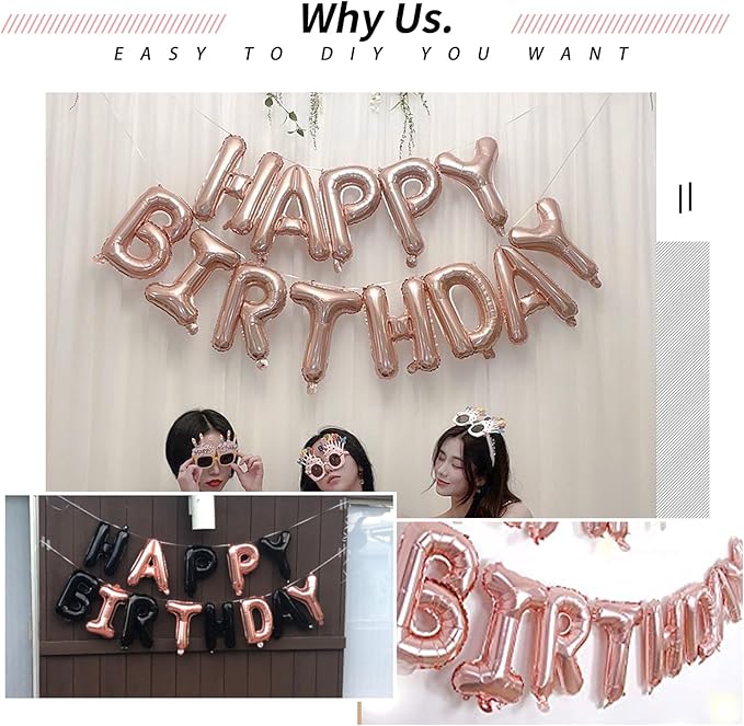 [85 PCS] 16" Rose Gold Letter Number Balloons, Happy Birthday & 2 Sets of A-Z 0-9, Foil Mylar Aluminum Hanging Alphabet for Graduation New Year eve Birthday Party Decorations