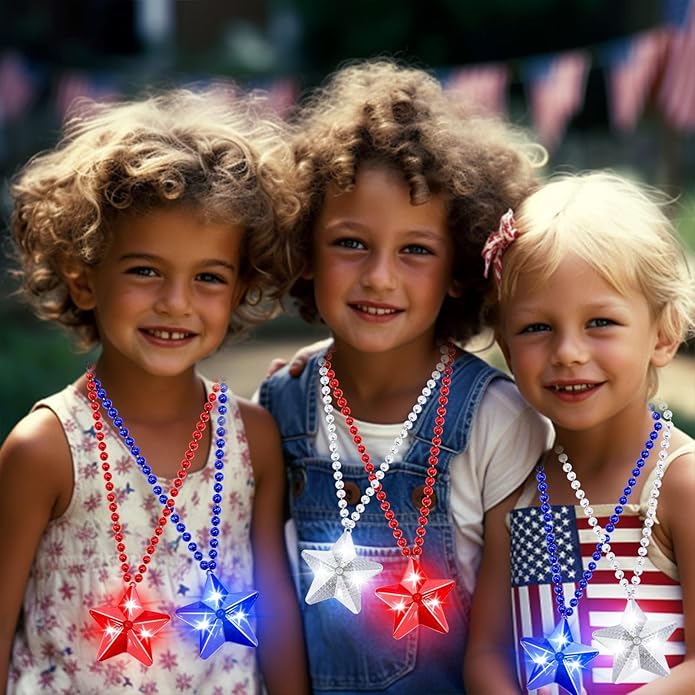 6 Pack 250th Anniversary 4th of July Party Favor LED Light Up Necklaces,Red White Blue Necklaces Accessories Decorations Party Supplies, Patriotic Stars Beads for Adults Kids National Independence Day