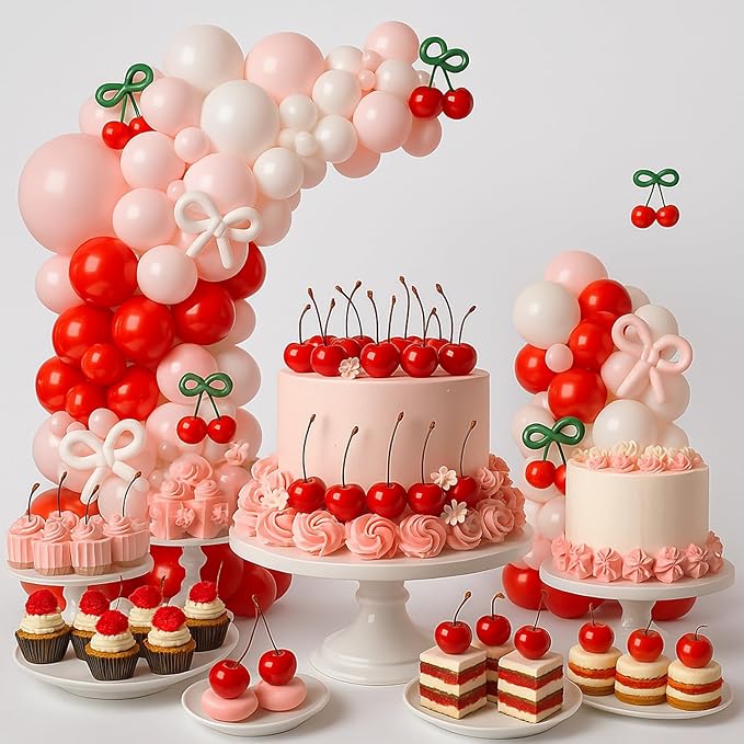 CROSSFINGERS Cherry Red Balloon Garland Arch Kit, Bow Pastel Pink and White Birthday Balloons Garland for Cherry Themed Birthday Baby Shower Wedding Galentine's Bridal Shower Party Decorations