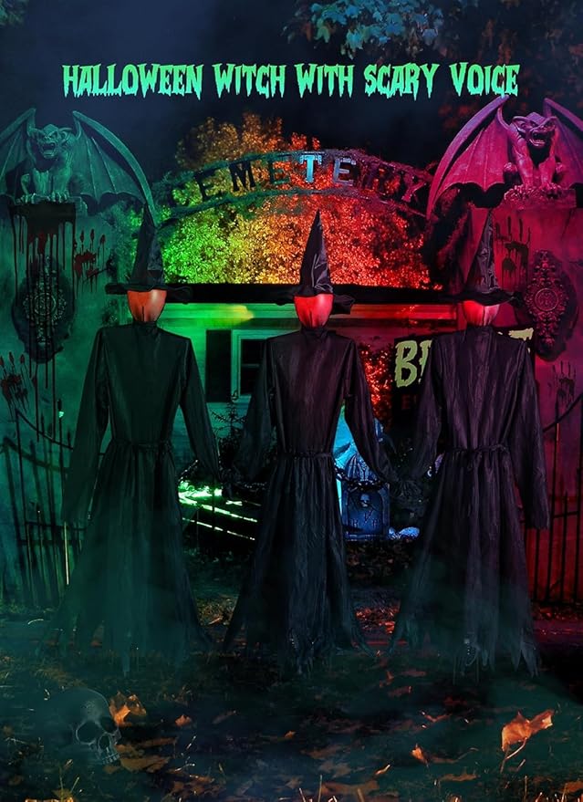 Halloween Decorations Outdoor 3PCS Light Up Witches Holding Hands Witches with Stakes, Scary Screaming Witches with Glowing Face, Creepy Halloween Party Props Decor for Yard Garden Outside Lawn Porch