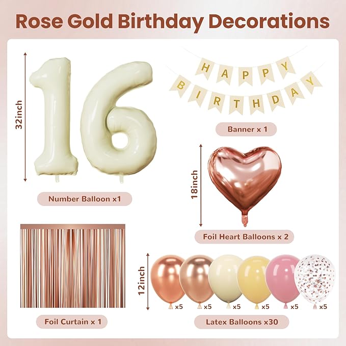 Sweet 16 Birthday Decorations for Girl, Retro Sand White and Cream Balloon Garland Kit, Cream Number 16 Balloon, Pink Happy 16th Banner, 16 Year Old Party Supplies