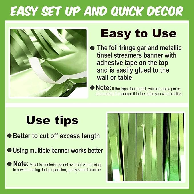 3 Pack 10 Ft Light Green Foil Fringe Garland Metallic Streamers Tinsel Banner Wall Hanging Garland Backdrop for Parade Floats, Halloween, Christmas, Thanksgiving, New Year Party Decorations