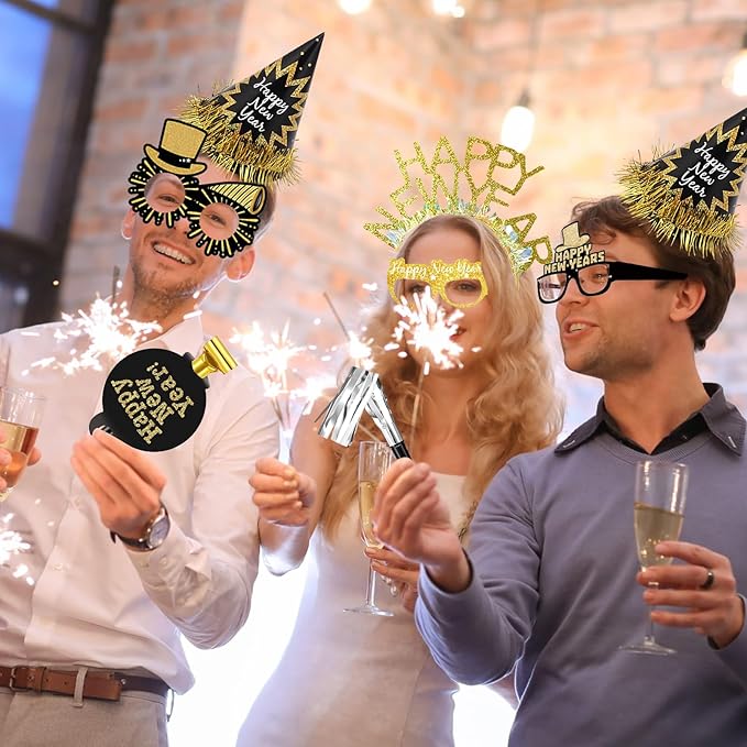 2026 New Year's Eve Party Supplies,36 Pcs Happy New Year Party Supplies Kit,Including 6 Hats, 6 Headband Tiara,12 Glasses,12 Noise Makers(Serve 12)