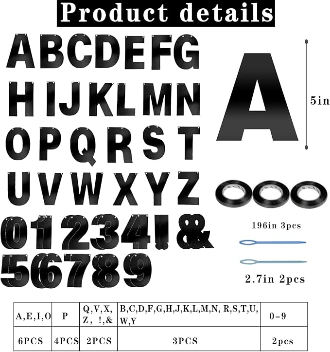 116 Pcs DIY Glitter Custom Banner Kit - Customize with 111 Letters & Numbers, 3 Rope & 2 Threading Devices - Perfect for Birthday Parties (Bright Black)