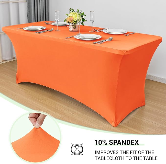 Obstal 8Ft Stretch Spandex Table Cover for Standard Folding Tables - 2 Pack Universal Rectangular Fitted Tablecloth for Party, Banquet, Events, Trade Show (Orange, 96L x 30W x 30H Inches)