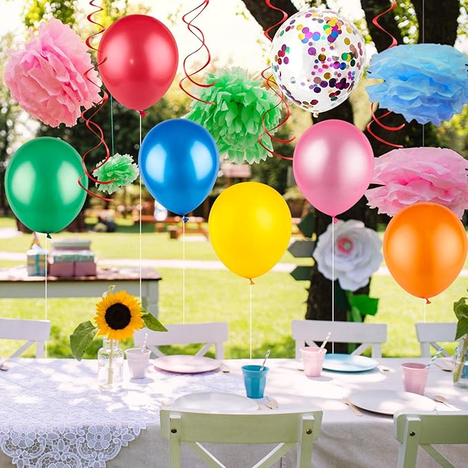 Colorful Birthday Party Decorations Kit - Happy Birthday Banner, Spiral Charm，Paper Flower Ball, Multicolor Latex Balloon and Colorful Confetti Balloons for Boys and Girls