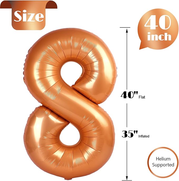 Orange 8 Balloon, Number Balloon 40 Inch, Orange Birthday Decorations, 8 18 28 38 80 Birthday Balloons, 8th Party Supplies, Number 8 Balloon