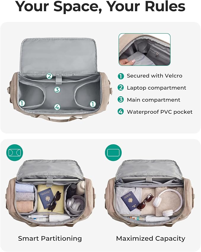 BAGSMART Travel Duffel Bags for Women, 32L Gym Duffle Bag with Laptop Compartment, Carry On Weekender Overnight Bag, Shoe Bag, PVC Wet Pocket, Brown