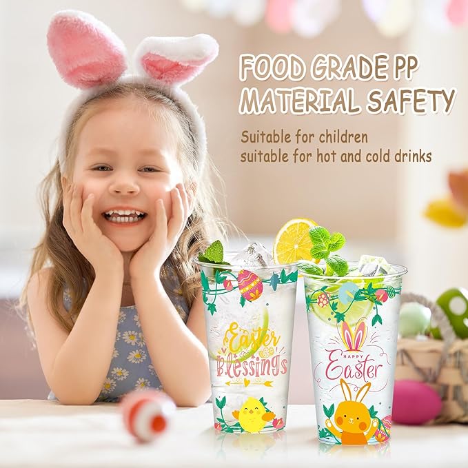 50Pcs Easter Disposable Plastic Cups 16 oz Happy Easter Clear Cups with Cute Bunny Colorful Eggs and Chick Spring Drinking Cups, Party Cups Coffee Hot and Cold Drinks Spring Party Decorations