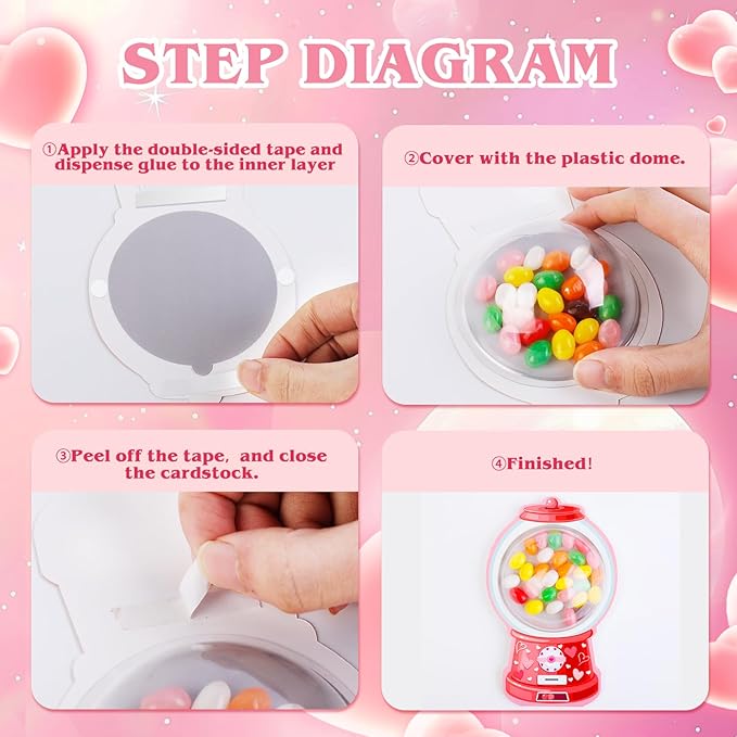 48 Pack Valentine's Day Cards for Kids Valentines Bubble Gum Machine Candy Cards Set with Plastic Dome DIY Valentine Exchange Gifts for Boys Girls Toddler School Classrooms Rewards Party Favors