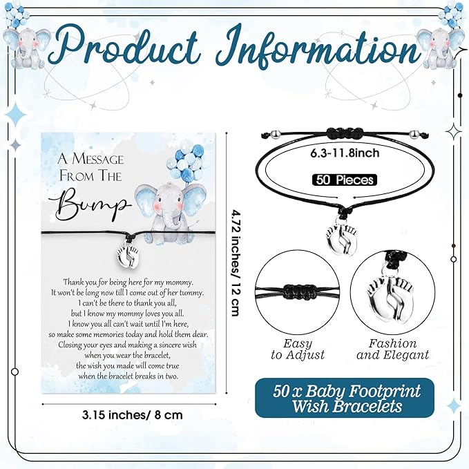 Thyle 50 Set Blue Elephant Baby Shower Favors for Guests Adjustable Bracelets with Message from the Bump Card Footprints Charm Baby Shower Bracelets for Gender Reveal Thank You Gifts