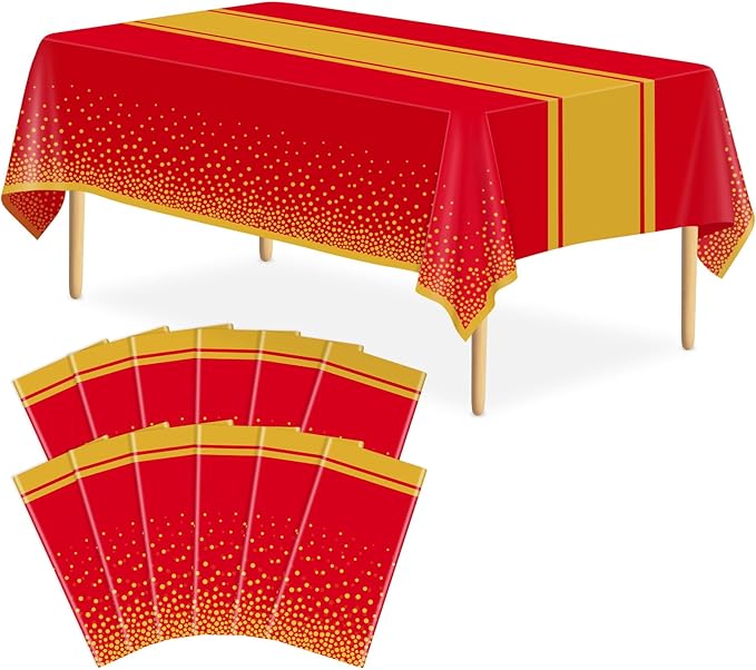 12 Pack Red and Gold Tablecloth Party Decorations Plastic Red Tablecloth Printed Gold Table Runner 54 x108 Inch Disposable Rectangle Table Cover for Birthday Wedding Graduation Anniversary