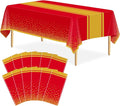 12 Pack Red and Gold Tablecloth Party Decorations Plastic Red Tablecloth Printed Gold Table Runner 54 x108 Inch Disposable Rectangle Table Cover for Birthday Wedding Graduation Anniversary