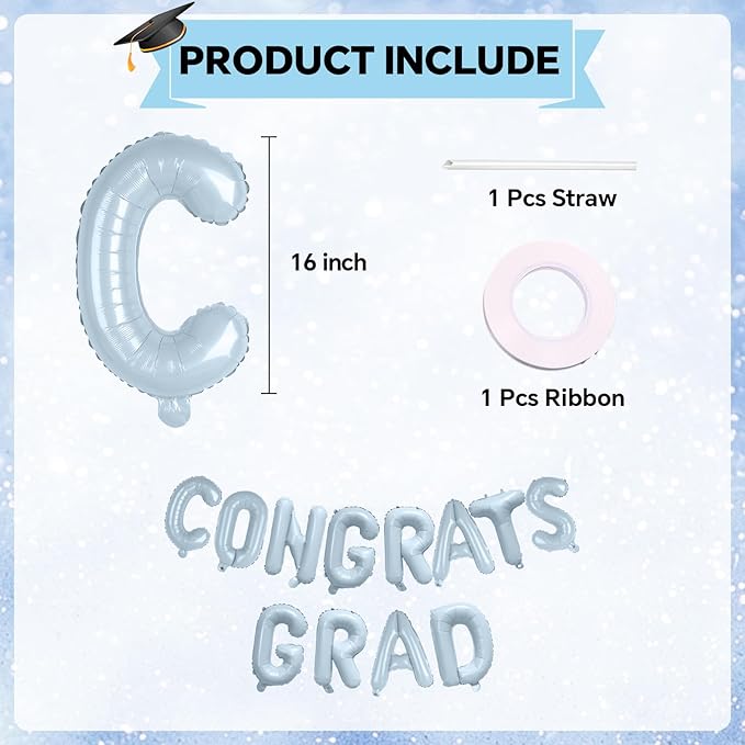 KALOR 16 Inch Pastel Blue Congrats Grad Banner Balloons, Pastel Blue Congrats Grad Letters Sign, Graduation Decorations 2026 for Graduation Party Decorations 2026