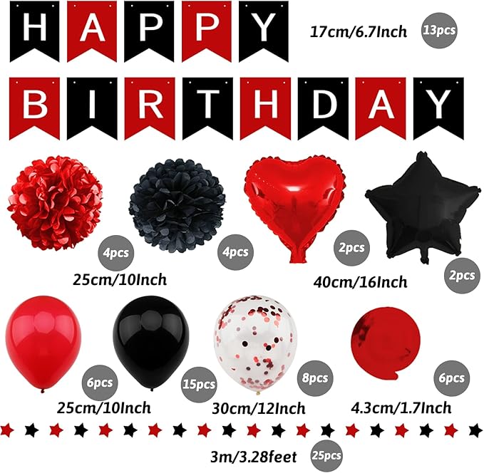 ZERODECO Birthday Decorations - Black & Red Party Decorations with Happy Birthday Banner, Pompoms, Balloons for Boys, Girls, Men & Women