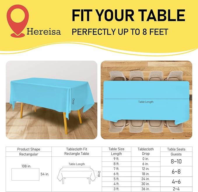 Sky Blue Disposable Plastic Tablecloth for Rectangle Tables (24 Pack) Premium Decorative Table Cloths for Parties, Events & Weddings, Indoors & Outdoors, 54 x 108 inches, Plastic Table Cover