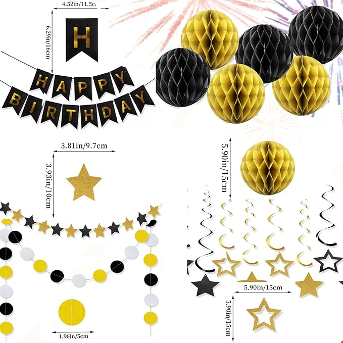 Birthday Decoration with Black&Gold Honeycomb Balls, Stars Hanging Swirl Streamers, Circle Dots Garland, Birthda y Party Decorations for for Birthday Party Decorations