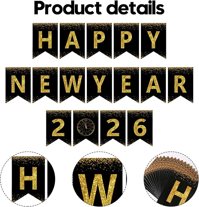 Happy New Year Banner,New Years Eve Party Supplies 2026, No DIY, Black Gold Happy New Year Banner for Outdoor Indoor Home Party Decorations