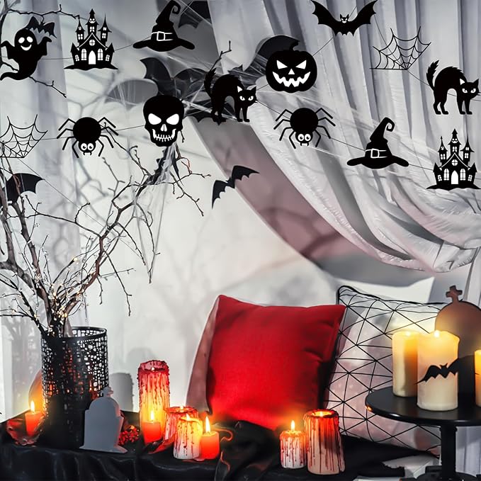 Xinnun 8 Pcs Halloween Party Decorations Garland Spooky Ghosts Skulls Pumpkin Hanging Banner Halloween Black Creepy Party Ceiling Garland for Outdoor Indoor Haunted House Horror Birthday Decor