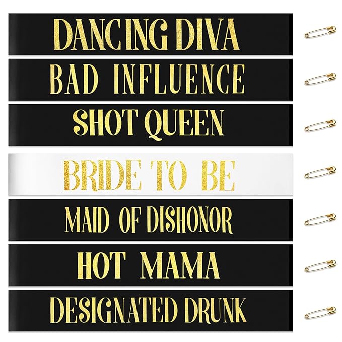 7 Pack Bachelorette Party Sashes Set - Bride to Be Sash + 6 Funny Group Sashes for Bridal Shower, Bachelorette Night & Engagement Celebration, Includes Safety Pins
