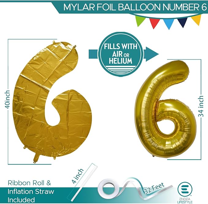 40 Inch Large Gold Number Celebration and Decoration Balloon for Birthday Parties, Graduations, Anniversaries, Weddings, Photo Shoots, Special Events - Helium Foil Mylar (Gold Number 6)