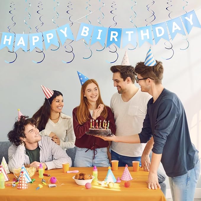 Multi Blue Happy Birthday Banner, Birthday Decorations with Metallic Hanging Swirl, Sign for Backdrop Party Decor, Bunting Banner for Men Women, Birthday Supplies for Boys Girls